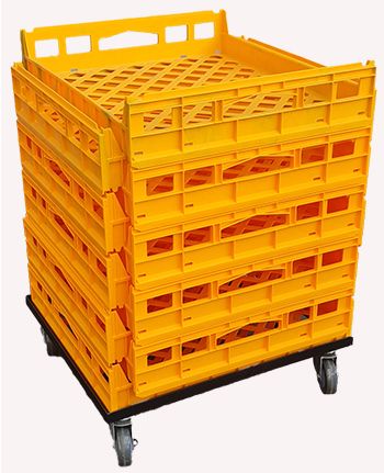 yellow bread crate nested on dolly